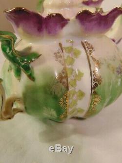 3pc Tea Set German RS PRUSSIA Mold 505 Purple Green Teapot Cream Sugar Flowers