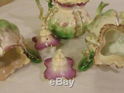 3pc Tea Set German RS PRUSSIA Mold 505 Purple Green Teapot Cream Sugar Flowers