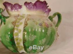 3pc Tea Set German RS PRUSSIA Mold 505 Purple Green Teapot Cream Sugar Flowers