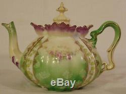 3pc Tea Set German RS PRUSSIA Mold 505 Purple Green Teapot Cream Sugar Flowers