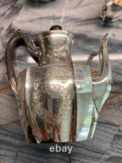 4 pc Antique Martin Hall & Co silver plated Embossed Coffee And Tea Pot set