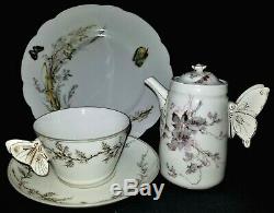 4 pc porcelain set, Haviland, Limoges, France, teapot, cup saucer, butterfly