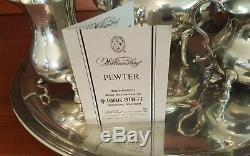 4pc Stieff WILLIAMSBURG Colonial Pewter Tea Set Tray Coffee Pot Sugar & Creamer