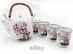 5 PC Japanese Ceramic Tetsubin Teapot & 4 Teacups Infuser Rattan Handle Tea Set