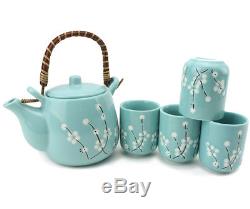 5 PC Japanese Ceramic Tetsubin Teapot & 4 Teacups Infuser Rattan Handle Tea Set