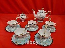 5 Piece Bone China Tea Set Teapot Sugar Bowl Cups Saucers Stirring Spoons 0076