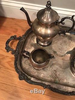 5pc LG Antique SILVER over COPPER Old TEA SERVICE Coffee Teapot PLATTER Tray SET