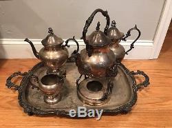 5pc LG Antique SILVER over COPPER Old TEA SERVICE Coffee Teapot PLATTER Tray SET