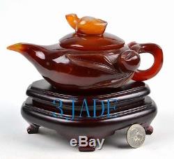 6 3/4 Hand Carved Red Agate / Carnelian Peach Teapot / Tea Pot Carving