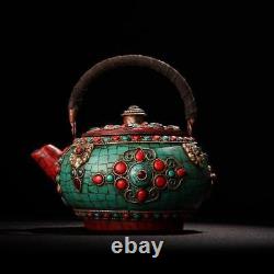 6.4'' Tibet temple bronze Tibetan silver turquoise gem Tea pot tea set tea maker