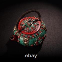 6.4'' Tibet temple bronze Tibetan silver turquoise gem Tea pot tea set tea maker