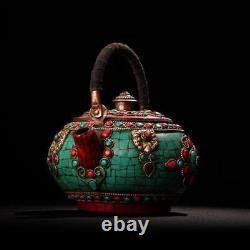 6.4'' Tibet temple bronze Tibetan silver turquoise gem Tea pot tea set tea maker