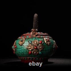 6.4'' Tibet temple bronze Tibetan silver turquoise gem Tea pot tea set tea maker