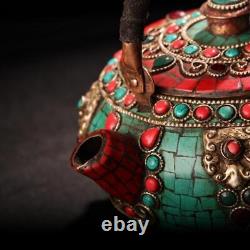 6.4'' Tibet temple bronze Tibetan silver turquoise gem Tea pot tea set tea maker
