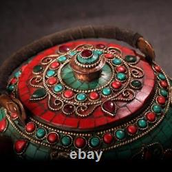 6.4'' Tibet temple bronze Tibetan silver turquoise gem Tea pot tea set tea maker