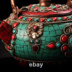 6.4'' Tibet temple bronze Tibetan silver turquoise gem Tea pot tea set tea maker