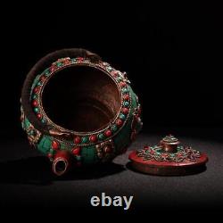 6.4'' Tibet temple bronze Tibetan silver turquoise gem Tea pot tea set tea maker