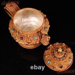 6.8old Chinese Ancient Filigree inlay gem Tea set Tea makers Tea Pot statue