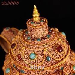 6.8old Chinese Ancient Filigree inlay gem Tea set Tea makers Tea Pot statue
