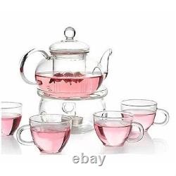 6-Piece Glass Tea Pot Set with 4 Cups Teapot Warmer and Infuser