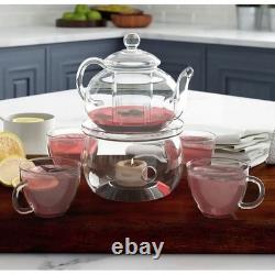 6-Piece Glass Tea Pot Set with 4 Cups Teapot Warmer and Infuser