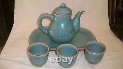 6 Piece Tea Set from Siam Celadon Wood Ash Glaze, Tea Pot, Lid, Tray, 3 Cups