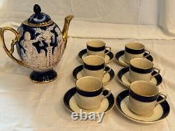 6 late 19th century Bridgwood teacups with saucers and associated tea pot