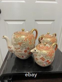 6 pcs set of vintage Japanese satsuma teapot, sugar, creamer