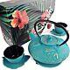 7pc Japanese Tea Set. Turquoise Koi Cast Iron Tea Pot With 2 Tea Cups, 2 Sau