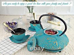 7PC Japanese Tea Set. Turquoise Koi Cast Iron Tea Pot with 2 Tea Cups, 2 Sau
