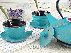 7PC Japanese Tea Set. Turquoise Koi Cast Iron Tea Pot with 2 Tea Cups, 2 Sau