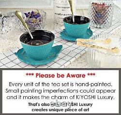 7PC Japanese Tea Set. Turquoise Koi Cast Iron Tea Pot with 2 Tea Cups, 2 Sau