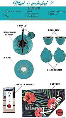 7PC Japanese Tea Set. Turquoise Koi Cast Iron Tea Pot with 2 Tea Cups, 2 Sau