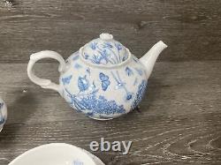 7 Pc PORTMEIRION Botanic Blue Earthenware Plates Teacups Teapot Creamer ENGLAND