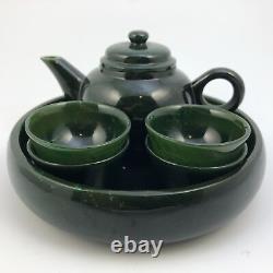 7pc Nephrite Jade Teapot Cups & Tray Set