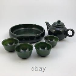 7pc Nephrite Jade Teapot Cups & Tray Set