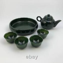 7pc Nephrite Jade Teapot Cups & Tray Set