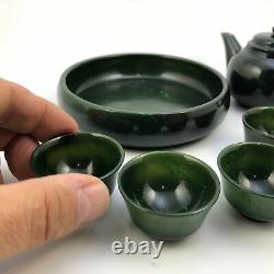 7pc Nephrite Jade Teapot Cups & Tray Set