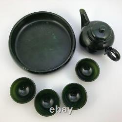 7pc Nephrite Jade Teapot Cups & Tray Set