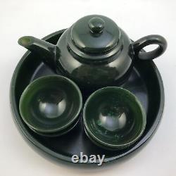 7pc Nephrite Jade Teapot Cups & Tray Set