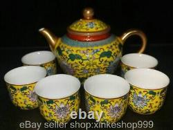 8 Old Chinese Qing dynasty Enamel Porcelain Gilt flower Tea pot Cup set
