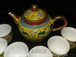 8 Old Chinese Qing dynasty Enamel Porcelain Gilt flower Tea pot Cup set