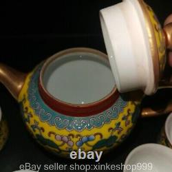 8 Old Chinese Qing dynasty Enamel Porcelain Gilt flower Tea pot Cup set