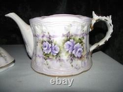 8 Pc Set Musical Teapot Plays Fluer De Lis Floral Design with Purple/Gold