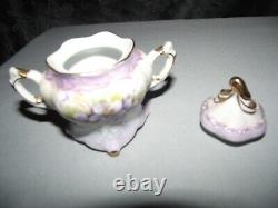 8 Pc Set Musical Teapot Plays Fluer De Lis Floral Design with Purple/Gold