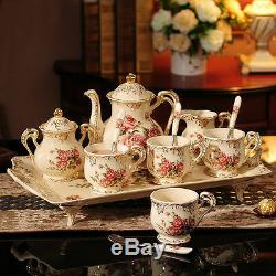 8 Pcs Rose Pattern Porcelain Tea Coffee Set Teapot Sugar Bowl Creamer Cups Tray