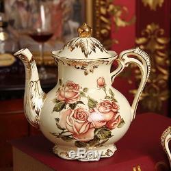 8 Pcs Rose Pattern Porcelain Tea Coffee Set Teapot Sugar Bowl Creamer Cups Tray