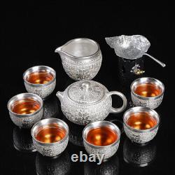 999 pure silver tea set handmade tea pot sterling silver tea cup dragon relief