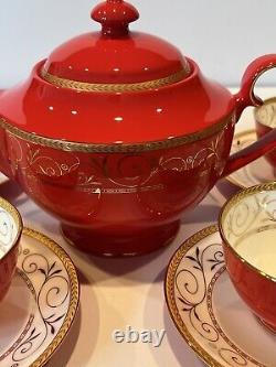 9 Pc Teavana Exclusive Collection Teapot Set Ruby & Gold Filigree Bone China