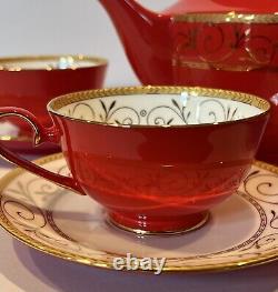 9 Pc Teavana Exclusive Collection Teapot Set Ruby & Gold Filigree Bone China